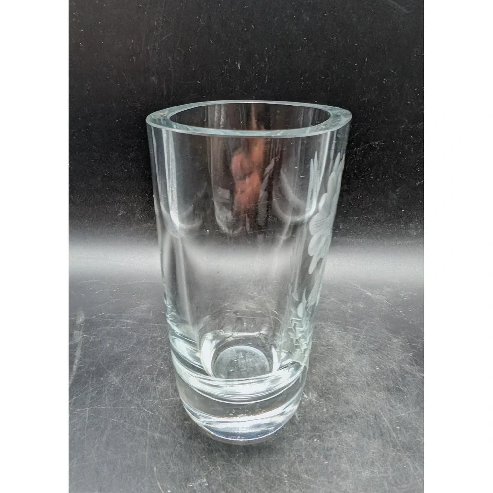 Orrefors Sweden Etched Crystal Vase Floral Bee Signed Scandinavian Art Glass